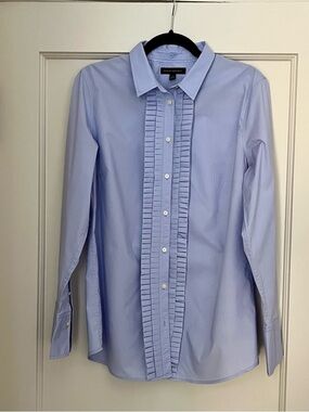 Banana Republic Women's Blue Ruffle Front Tuxedo Style Shirt, Size 14